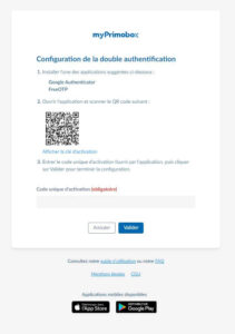 Capture d'écran de l'activation de la double authentification sur myPrimobox